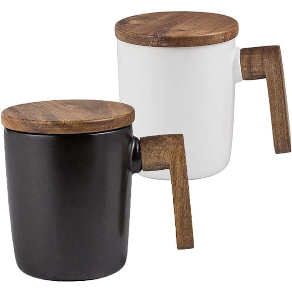 Smidig keramisk kaffemugg, kreativ kontorsmugg i nordisk stil, trähandtag med lock, specialtillverkad retrokeramisk kopp, 13 uns, 1 (vit&svart)