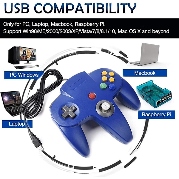 Retro USB Controller til N64 Spil, N64 Classic USB Controller Gamepad Joystick, Spilkonsol til N64 System Raspberry Pi/Windows