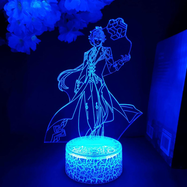 WJ Genshin Impact Figurine 3D LED Manga Anime Lampa Present Akryl Nattlampa Blinkande Present Skrivbord Rum Dekor