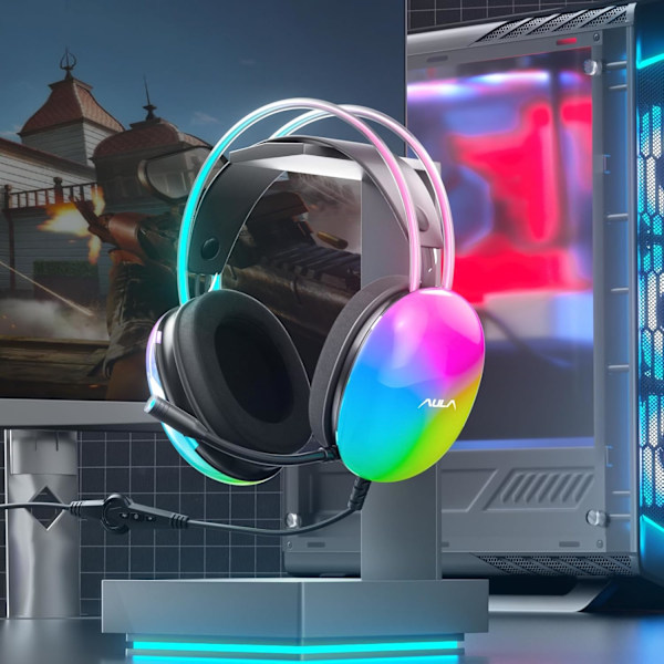 USB-spelheadset med mikrofon för PC, RGB-regnbågsbakgrundsbelysning, virtuellt 7.1-surroundljud, 50 mm-drivrutin, mjuka minnesskumöronmuffar, trådbunden bärbar dator
