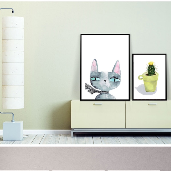 Fox och katt väggkonst canvas tryck affisch, enkel söt akvarellkonst ritning dekor (Set om 3 oramade, 12''x16'')