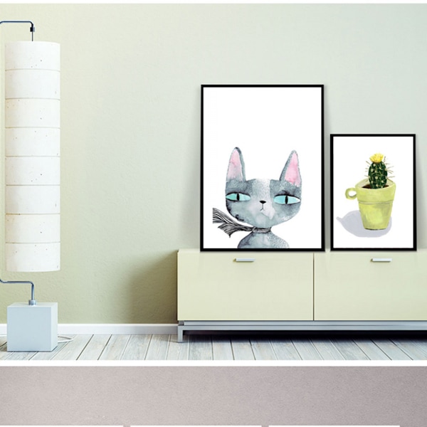 Räv och katt väggkonst canvas tryck affisch, enkel söt akvarellkonst ritning dekor (Set om 3 oramade, 8''x10'')