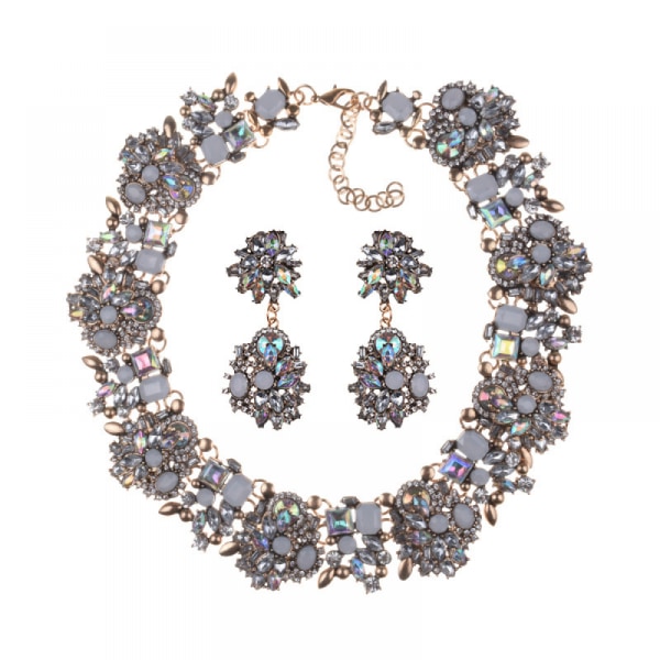 Halsband och örhängen Set, Kvinnors Chunky Halsband Strass Vintage Mode Halsband Kostym Smycken Set(flerfärgad)