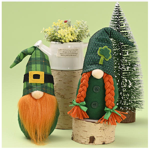 Dekoration av St. Patrick's Day Gnome - Grön bladfestival Långbent rutig tygdocka Irländsk festivalskog Äldre Muppet Dekorationsartiklar C