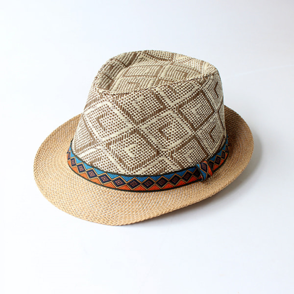 AVEKI Summer Straw Fedora Hat Kortbrättad Panama Solhatt Trilby Beach Hat för män & kvinnor, Etnisk Khaki, M