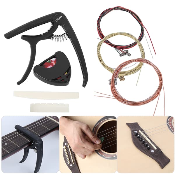 Gitarrtillbehör Kit Strängar Byte Winder Capo Pins Nagel Plektrum Combo Reparationsverktyg