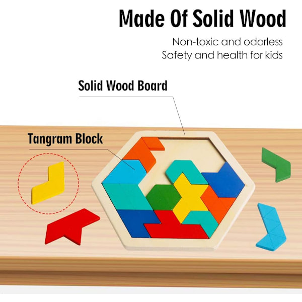 Skrtuan Trä Hexagon Pussel för Barn Vuxna Hjärnteaser Block Pusselspel Leksak Form Mönster Block Tangram Geometri Logik IQ ST