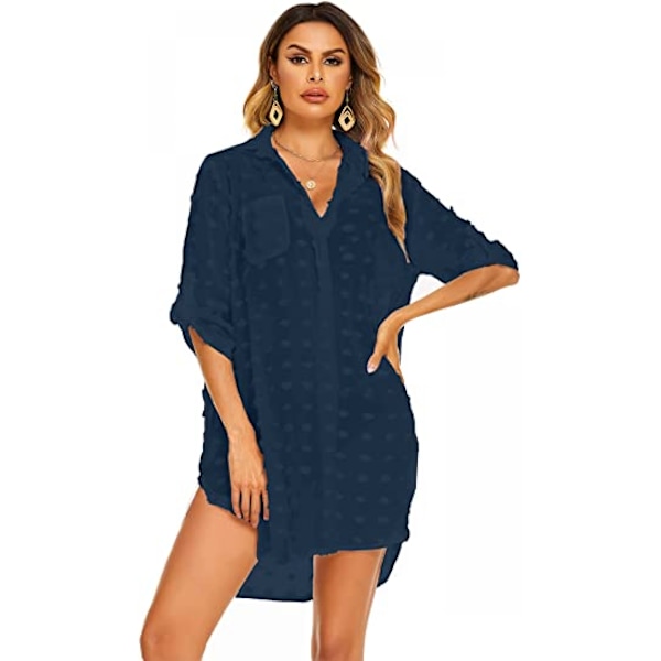 Kvinde badedragt stranddækken skjorte bikini badetøj badedragt stranddækken kjole, B-navy blå, XL