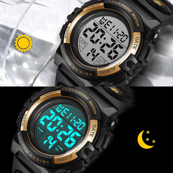 Barnklocka, Pojkklocka för 6-15 år gamla pojkar, Digital Sport Outdoor Multifunktionell Kronograf LED 50M Vattentät Alarm Kalender Analog Klocka（Guld）