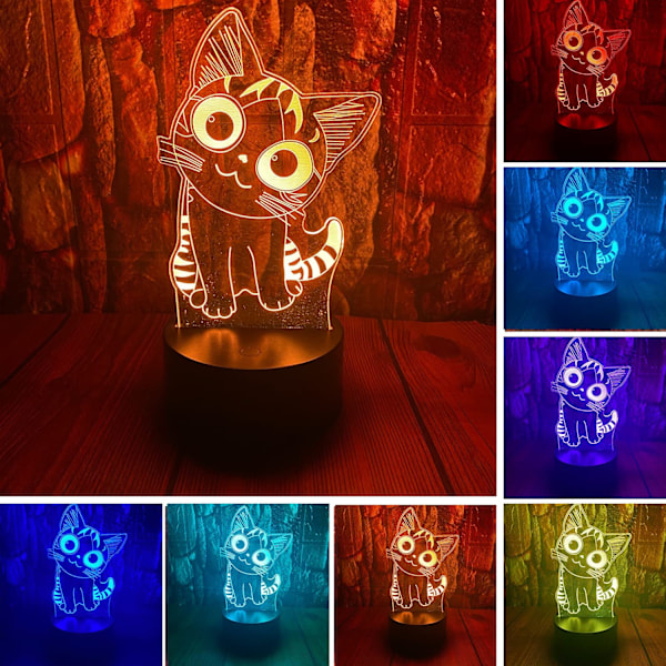 Katt Lampe 3D LED Optisk Illusjon Soverom Dekorasjon Bordlampe med Fjernkontroll 7 Farger Skift Dimbar Akryl Visuell Nattelys Fødsel