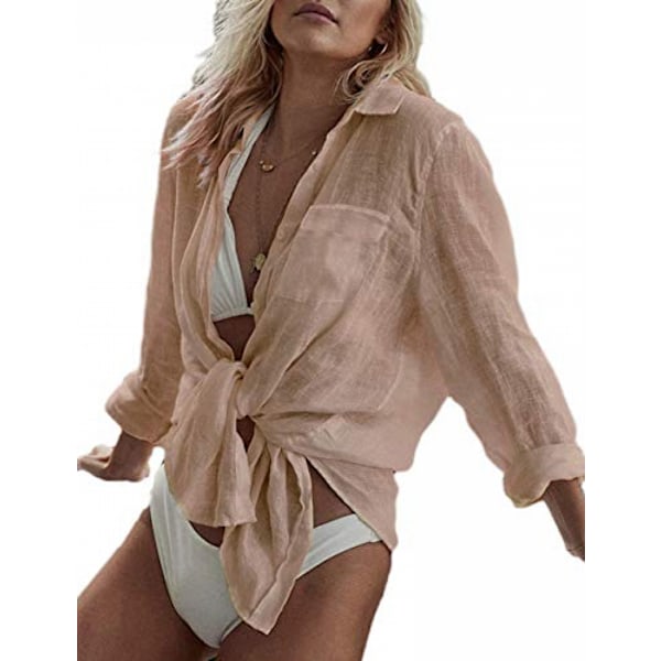 Kvinde Langærmet Strandskjorte Bluser Nedfoldet Krave Badetøj Cover Ups, G-apricot