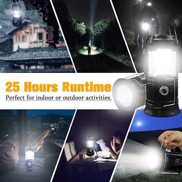 Kokoontaitettava kannettava LED-retkeilyvalaisin, XTAUTO kevyt vedenpitävä aurinkoenergialla ja USB:llä ladattava LED-taskulamppu sisä- ja ulkokäyttöön, hätätilanteisiin black