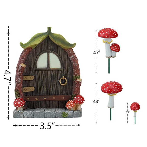4 st Fairy Door och svampar för träd, Glow in The Dark Gnome Home Door, Trädgårdsträddekorationskit med bedårande svampar
