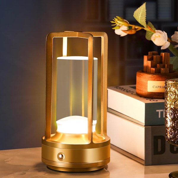 Portabel Metallbordslampa för Inomhus/Utomhusbruk, Uppladdningsbar Sladdlös LED-lampa, 3-Färgs Steglös Dimning Batteridriven Liten Skrivbordslampa Gold