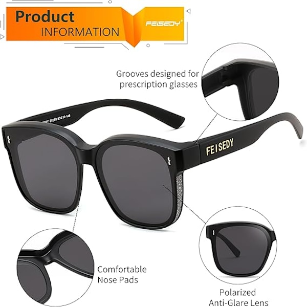 Solglasögon Passar Över Glasögon Oversized Polariserade Glänsande för Kvinnor Solglasögon UV400 B0269 Matte Black Frame & Grey Lens