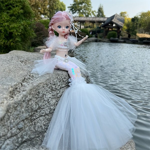 45cm/17,72 tum Havsfru Docka Flicka Leksak Blåögd Barn Prinsessa Docka Bröllopsklänning Docka Familj Födelsedagspresent Fiskstjärt Kan Vikas Ut , Jul white