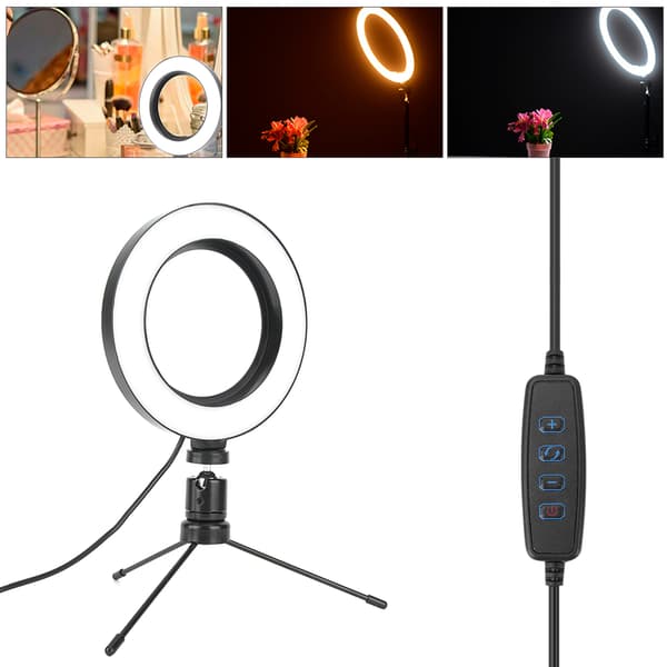 6 tommer 3-tilstande dæmpbar USB LED Video Ring Light Makeup Live Belysningssæt med Bordstativ