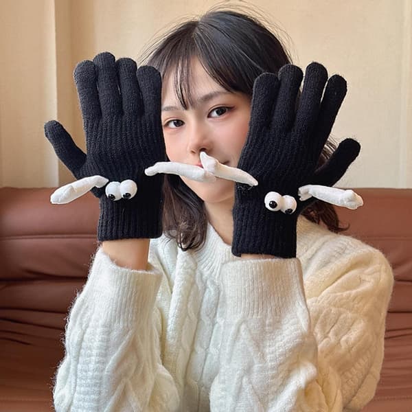 Søde interaktive hånd-i-hånd-handsker til efterår og vinter, varme elastiske handsker med sjovt øjeæble- og tentakeldesign (sort) black