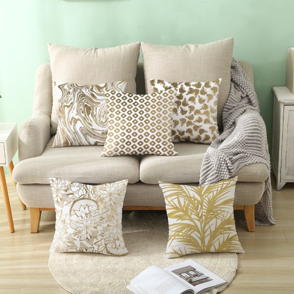 Putetrekk i gull med geometrisk trykk, blader, myke firkantede dekorative putetrekk for sofa, seng, bil (Geometri 1)