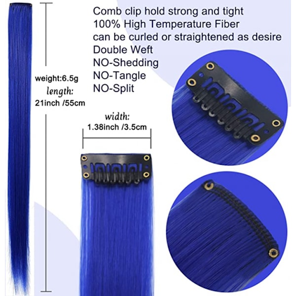 9PCS 21\" Fargede Clip-in Hårextensions Blå Hårextensions for Barn Jenter Clip-in Blå Hårclips Hårextensions for Barn Fest Høydepunkter (Blå)