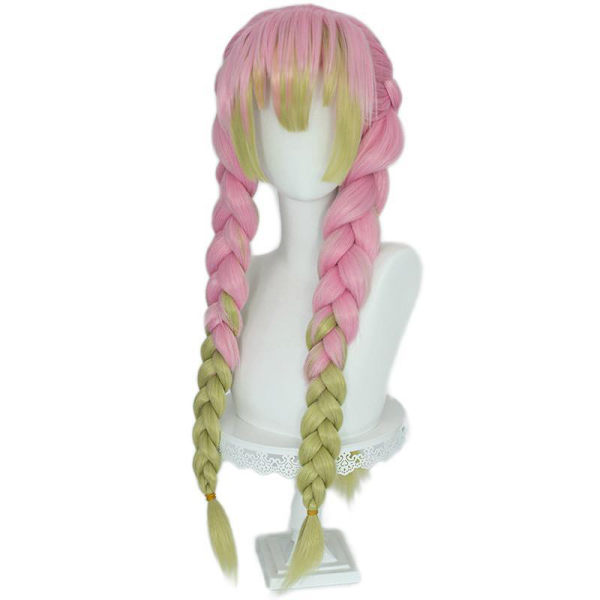 Anime Rosa och Grön Peruk för Mitsuri Cosplay Flätad Hårperuk med Pigtails Halloween Fest Peruk + Mössa