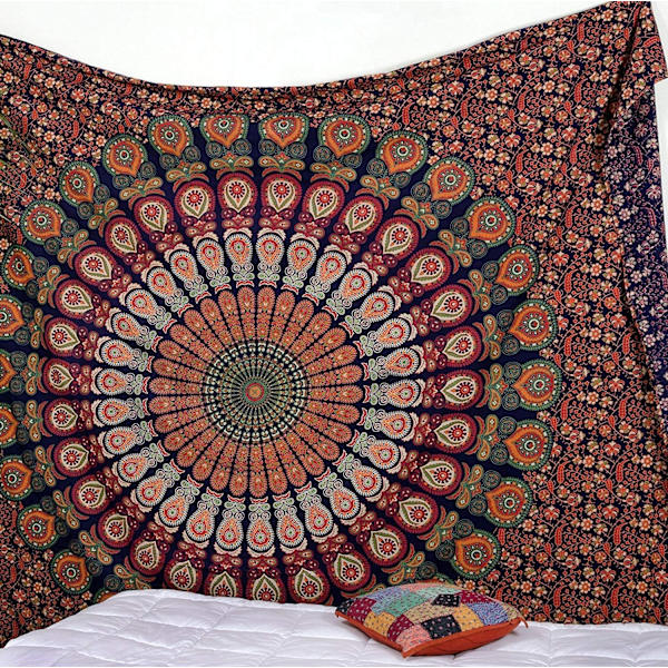 Wekity hippie Bohemian Psychedelic Golden Blue Peacock Mandala väggbonad sängöverkast (Golden Red Green, Storlek:51.2\" x 59.1\")