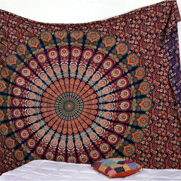 Wekity hippie Bohemian Psychedelic Golden Blue Peacock Mandala Wall hanging Bedding Tapestry(Golden Red Green, Size:59.1" x 78.7")