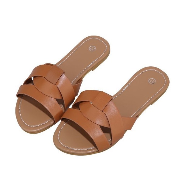 Dame Sommers Flates Slides Sandaler Casual Rem Strop Cross Slip On Sliders Strand Flates Sandaler -------  Dyp Brun  （Størrelse 42）