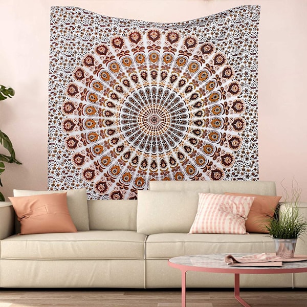 Wekity Hippie Bohemian Psykedeelinen Kulta-Sininen Peacock Mandala Seinävaate Vuodevaate Tapetti (Oranssinruskea, Koko: 59.1\" x 78.7\")