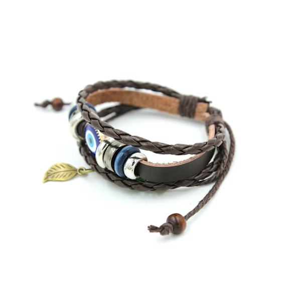 Flätat läderarmband med ont öga, armband med handledsband, armband med flera lager av ögonblad
