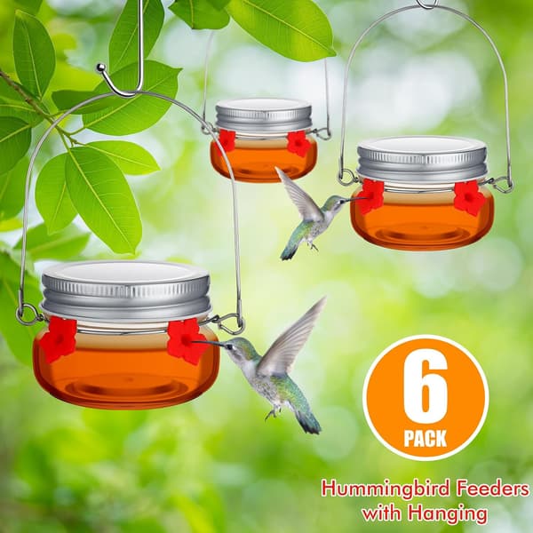 6 stk. Mason Jar Kolibri Foderautomat Glas Kolibri Foderautomat med 4 Blomster Foderporte til Udendørs Hængende Vindue Have