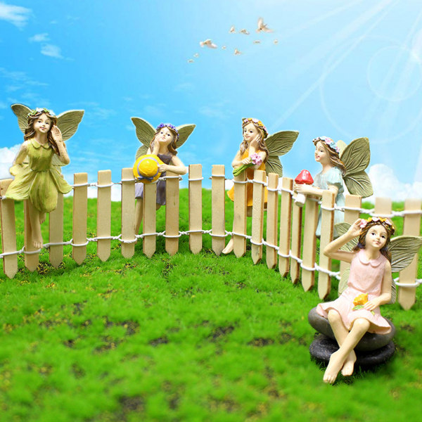 Fairy Trädgårdstillbehör utomhus inomhus, 5st miniatyr fe-figurer för krukväxter och mini trädgårdsgräsmattor