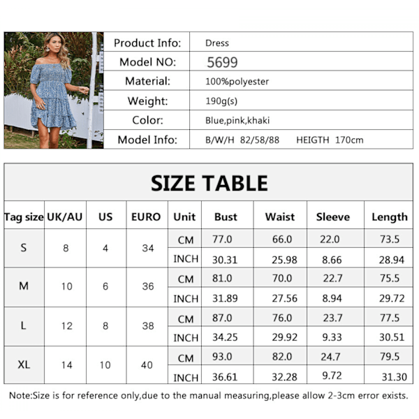 Kvinder Off Shoulder Kort Puff Ærme Ruffle Kjole Blomster Trykt Elastisk Talje A-Linje Kjole -----Pink（Størrelse S）