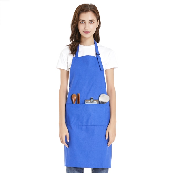 Justerbart förkläde i bomull Canvas med 2 framfickor, köksförkläde för matlagning och bakning - blå L
