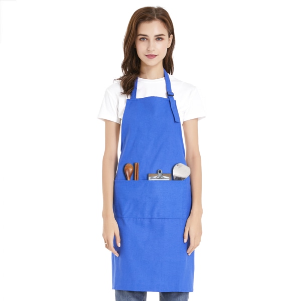 Kitchen Cotton Canvas Adjustable Apron With 2 Front Pockets, Kitchen Cooking And Baking Apron - Blue XL