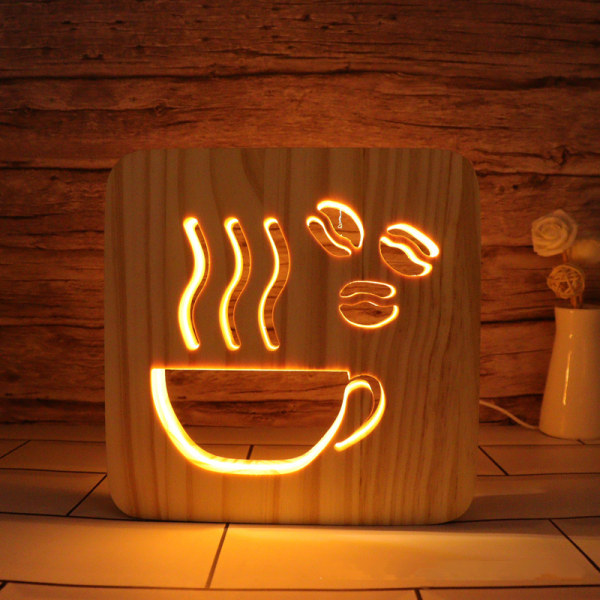Kaffe Led Nattljus Massivt trä Lågenergi Använd knappströmbrytare Mjukt Varmt Ljus Kreativa Vänner Present Sovrum Heminredning