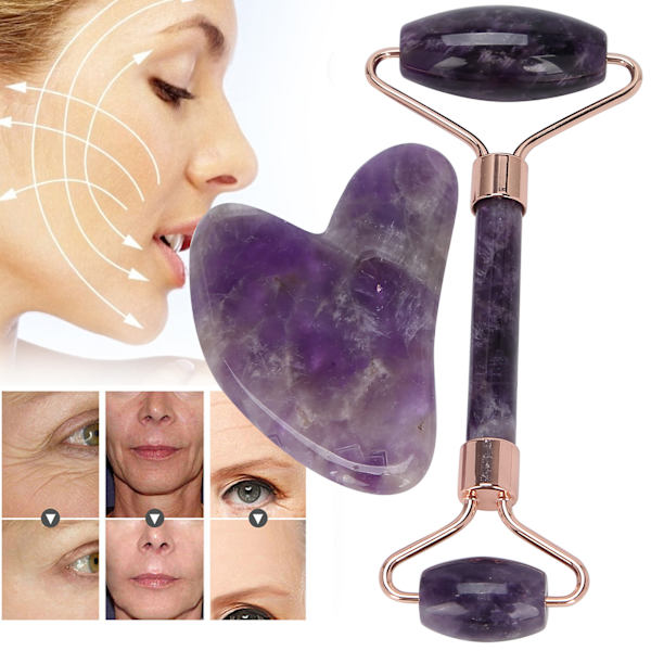 Bærbar ansiktsmassasjerull, ansiktsmassasjerull, hjerteformet Gua Sha-tavlesett (ametystrull, hjerteformet Gua Sha-tavle)