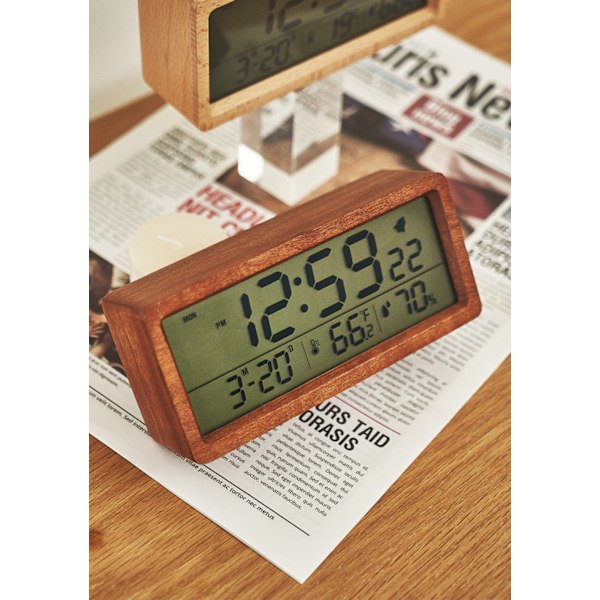 Digital väckarklocka i trä, kalender, temperatur- och luftfuktighetsskärm, 12/24 timmar, Celsius eller Fahrenheit-växling - brun