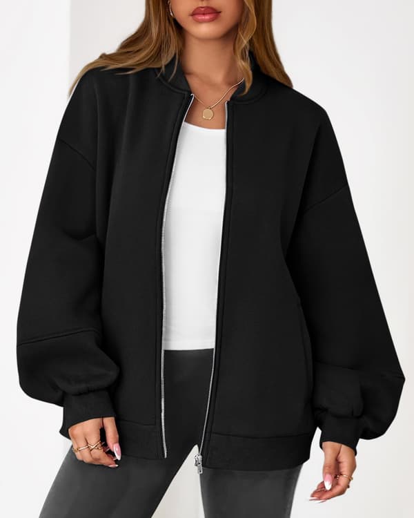 Oversized Bomberjacka, Dam Zip Up Sweatshirt för Vinter Vardagskläder och Street Style Black Small
