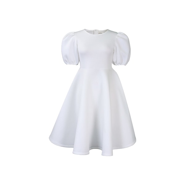 Dam Dam Puffy Summer Dress Enfärgad fyrkantig hals Bubble Sleeve Endelad kort klänning (Vit S)