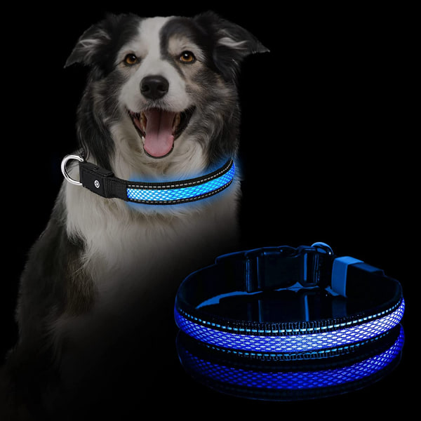 USB uppladdningsbart självlysande hundhalsband led vattentätt djurhalsband tvåfärgat nät hundhals gyllene hår mot avfall på natten (XS, blå)