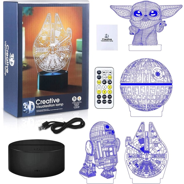 3D Illusion Star Wars Natlampe, 4 mønstre med timingfunktion Star Wars Legetøj LED Natlampe til værelsesindretning, Fantastiske fødselsdags- og julegaver Star Wars Combo Pack-D