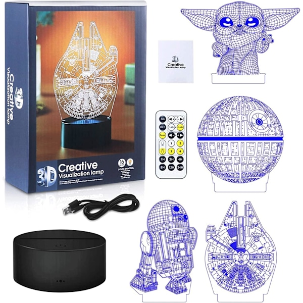 3D Illusion Star Wars nattlys, 4 mønster med tidsfunksjon Star Wars leker LED nattlampe for romdekor, flotte bursdags- og julegaver Star Wars Combo Pack-D