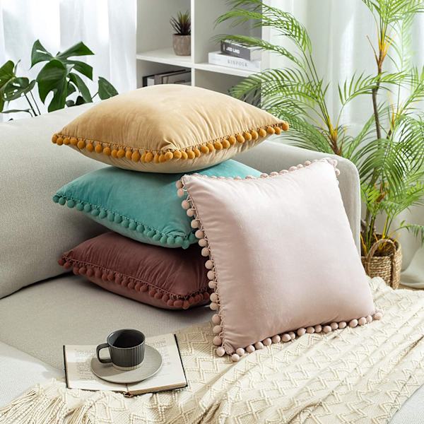 2-pack dekorativa kuddfodral, mjuka partiklar sammet enfärgade kuddfodral med pom-poms för soffa sovrum bil (12 x 20 tum, sylt)