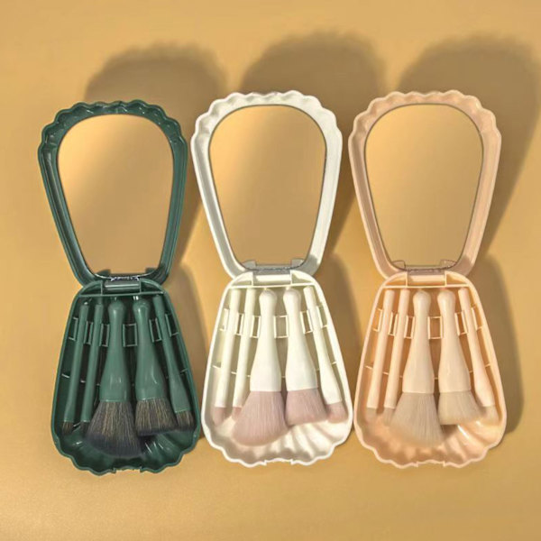 Shell Portable Travel Makeup Brush Set 5 Sizes Brush Mini Complete Function Cosmetic Brushes with Mirror Set White