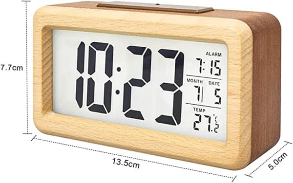 Trä LCD Digital Väckarklocka Med Intelligent Sensor Nattljus, Temperaturdetektering, Nap-funktion, Sovrum Och Bordsur
