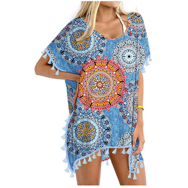 Women's Chiffon Swimsuit Beach Bathing Suit Cover Ups for Swimwear --- Blue Circle H（Size L）