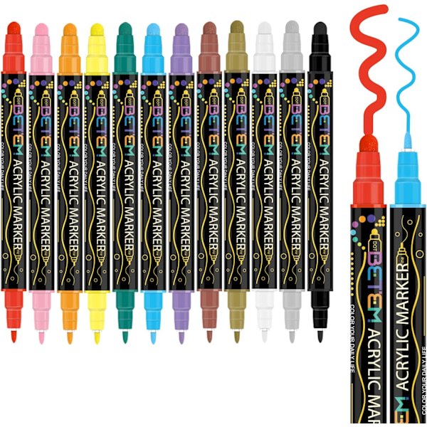 Betem 12 Farger Akryl Paint Pens Markører med Dobbel Tupp, Premium Akryl Paint Pens for Tre, Lerret, Stein, Steinmaling, Glass, Keramikk 12 Colors Paint Markers