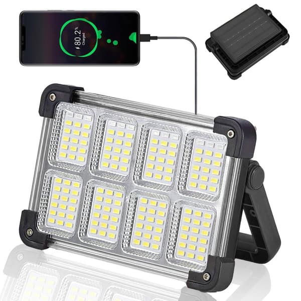 Genopladelig solcellearbejdslampe, 144-LED bærbar projektør med foldbart stativ, IP66 vandtæt 4-tilstands arbejdspladsbelysning, USB-strøm black
