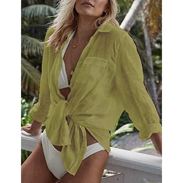 Kvinder Langærmet Strandskjorte Bluser Turn Down Krave Badetøj Cover Ups, G-ginger